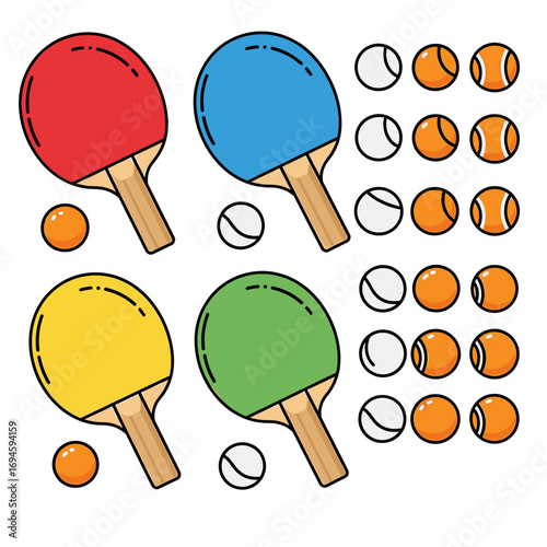 Four colorful ping pong paddles and ping pong balls arranged in a grid pattern.