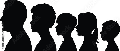 Family Silhouette Father, Mother, and Three Children in Profile on White Background