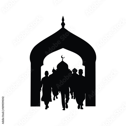 Silhouette of People Entering Mosque A Symbol of Faith, Community, and Tradition, silhouette of worshippers entering mosque silhouette vector illustration