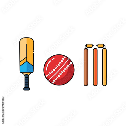 A cricket bat, a red cricket ball, and cricket wickets are displayed in a clean, minimalist illustration.