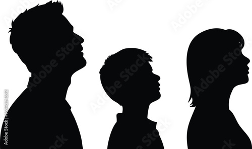 Family Silhouette Man, Woman, and Child Looking Upward in Black and White