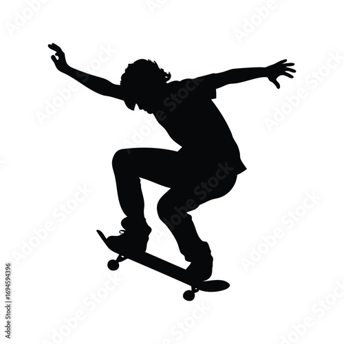 Silhouette of a skateboarder performing a jump trick in mid air expertly, skateboarder doing ollie silhouette vector illustration