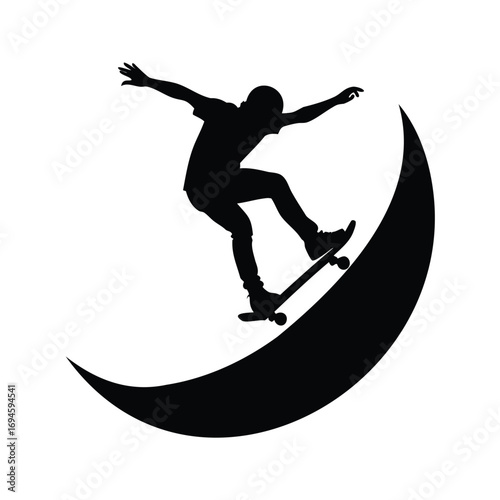 Skateboarder silhouette riding on a crescent moon shape with outstretched arms, skateboarder on half pipe silhouette vector illustration