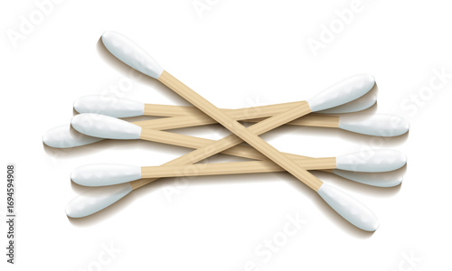 Cotton swabs. Hygienic and eco-friendly, made from natural cotton on a white background. Ideal for skin and ear care, wound treatment, makeup correction, and blending. 