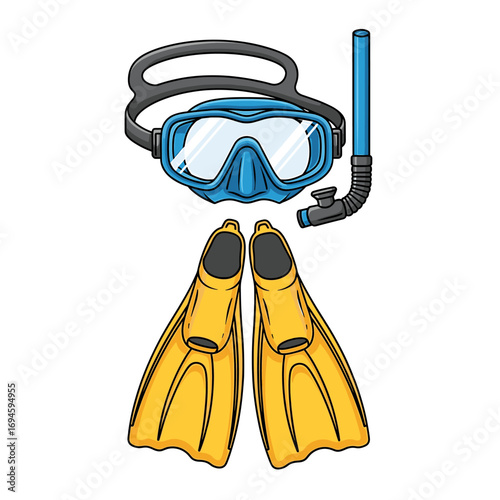 Colorful illustration of scuba diving equipment, including mask, snorkel, and fins.