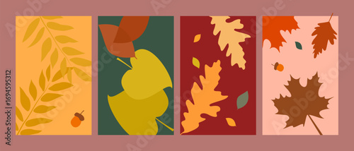 Autumn leaves poster set, fall theme cards with different leaves and colors. ideal for web usage, social media posts, advertisements, and brochures and flyers background, vector illustration.