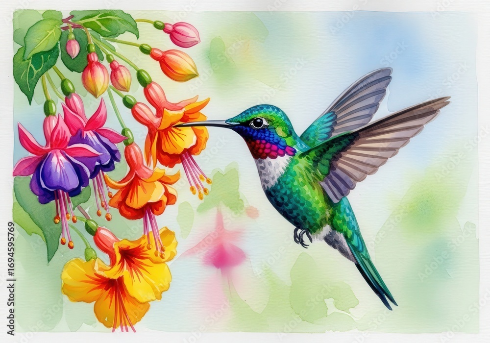 Fototapeta premium A vibrant hummingbird, wings outstretched, sips nectar from colorful fuchsia flowers against a blurred backdrop