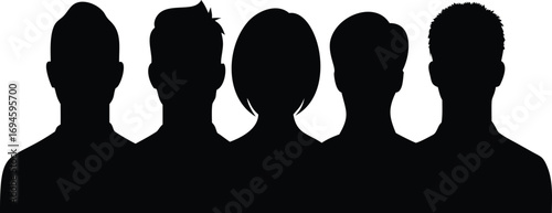 Five People's Head and Shoulders Silhouettes Various Hairstyles, Diverse Group Representation, Black on White