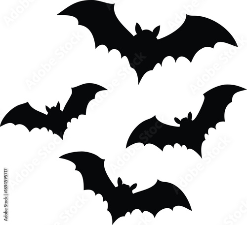 Four Bat Silhouettes Flying Isolated on White, Halloween Illustration, Black Bats Group