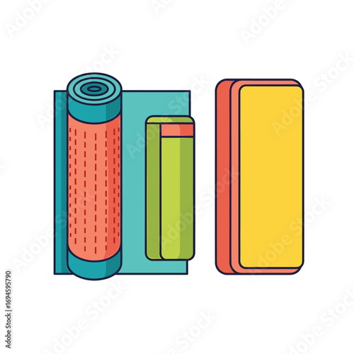 Illustration of a rolled yoga mat, a folded mat, and a yoga block, all in bright, flat colors with outlined edges.