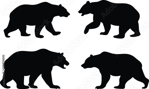 Four Bear Silhouettes in Black Color Isolated on White Background, Walking and Standing