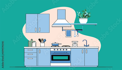 Stylish blue kitchen interior with modern cooking appliances vector illustration