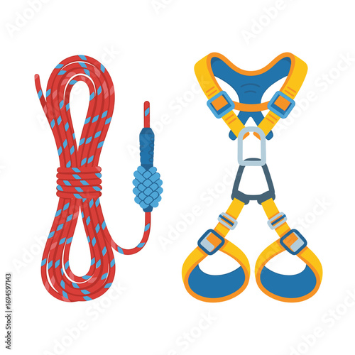 Illustration depicting climbing equipment, including a coiled rope and a safety harness, isolated on white.