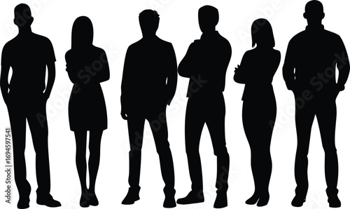 Group of People Silhouettes Standing in a Row on White Background Backdrop