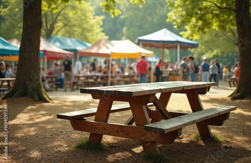 Fototapeta Naklejka Na Ścianę i Meble -  Rustic wooden picnic table awaits use at outdoor park festival. Blurred background shows tents, people, sunny summer day. Ideal for food promotion, event staging, product display, marketing,
