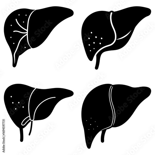 Four liver illustrations depicting different stages or conditions of the organ in black silhouette style