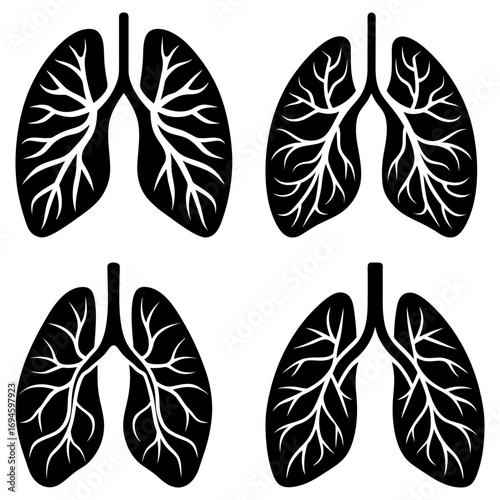 Four sets of human lungs displayed in a symmetrical arrangement on a white background in black and white