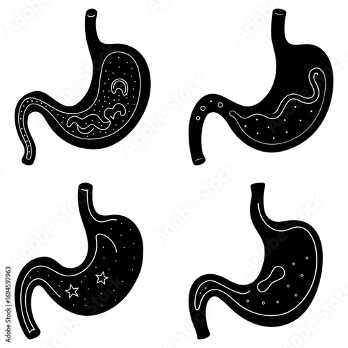 Four black and white stomach illustrations showing different digestive conditions and internal elements