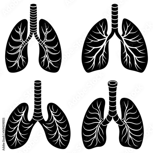 Illustration of four sets of human lungs with trachea and bronchial tree in black and white color scheme