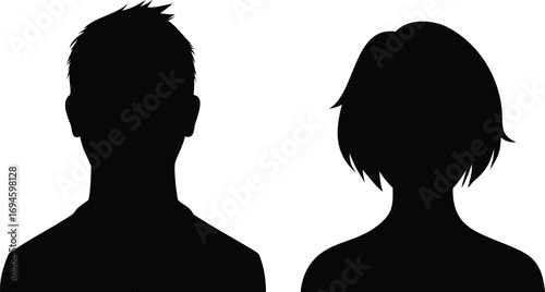 Male and Female Head Silhouettes Profile Avatars, Black Outlines on White