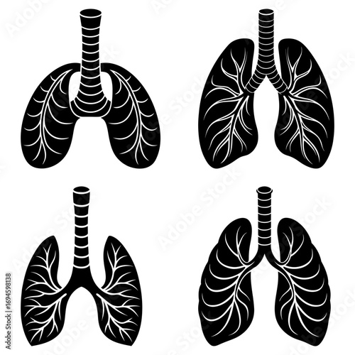 Four black and white lung illustrations showcasing respiratory system anatomy and bronchial structures