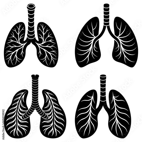 Four black and white anatomical lung illustrations with trachea and bronchioles in a symmetrical arrangement