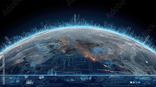 The combination of glowing earth and circuit board
