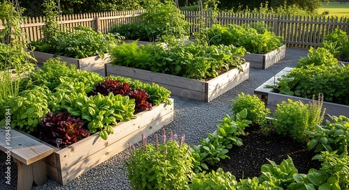 Raised garden beds with summer harvest.