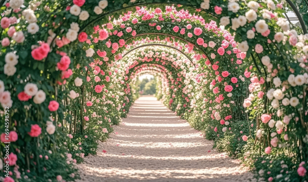 Fototapeta premium Summer Solstice Solar Term: Rose Arch in a Garden, Romantic Wedding and Love Background