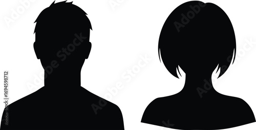 Silhouette Avatars Man with Short Hair, Woman with Bob Hairstyle, Black on White