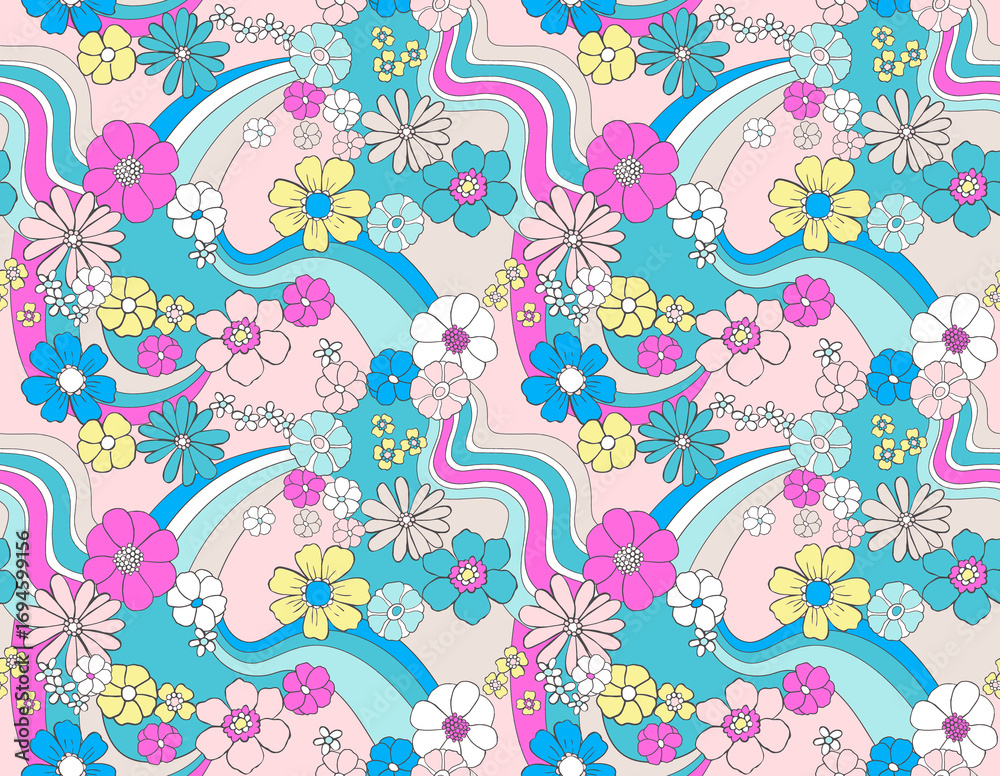 Fototapeta premium Vibrant 70s retro floral seamless pattern with colorful psychedelic flowers and wavy groovy lines. Fun, nostalgic design for fashion, textiles, summer, and bohemian styles.
