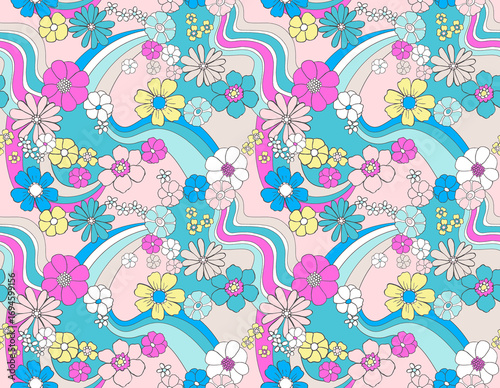 Vibrant 70s retro floral seamless pattern with colorful psychedelic flowers and wavy groovy lines. Fun, nostalgic design for fashion, textiles, summer, and bohemian styles.