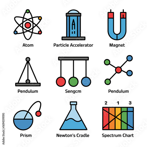 Science icons showcasing physics concepts like atom structure particle accelerator magnet pendulum prism newton's cradle and spectrum chart for educational resources and scientific illustrations