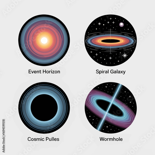 Four cosmic phenomena are depicted event horizon spiral galaxy cosmic pulleys and wormhole each represented with vibrant colors and stylized designs against a light