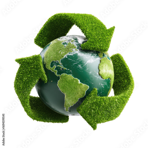 Recycling Concept 3D Symbol Arrows Around Green Planet on Transparent Background