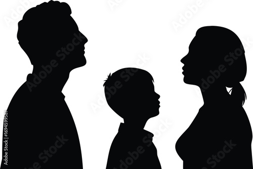 Silhouette Illustration of a Family Father, Mother, and Child Side Profiles on White