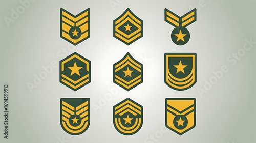 Professional military rank insignia collection featuring chevrons, stripes, and stars in a modern, clean design perfect for concepts of service, honor, and achievement