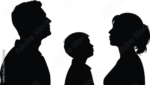 Silhouette of a Family Man, Woman, and Child Looking Up, Isolated on White