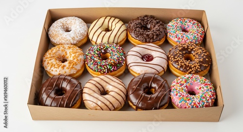 Douze beignets d�licieux pr�sent�s joliment bo�te carton lumi�re douce. AI Generated