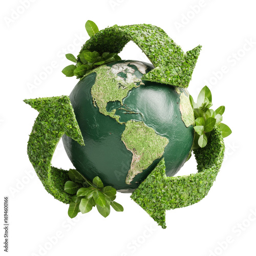 Recycling Concept 3D Symbol Arrows Around Green Planet on Transparent Background