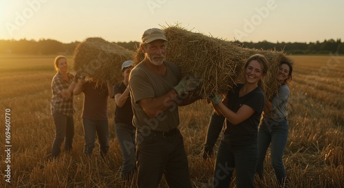 Farmers working together, carrying a bale of hay, against the warm glow of the setting sun, embodying the spirit of community.