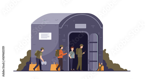 People entering underground shelter for safety and protection with military personnel monitoring