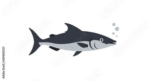 Minimalist tuna swimming with bubbles on white background