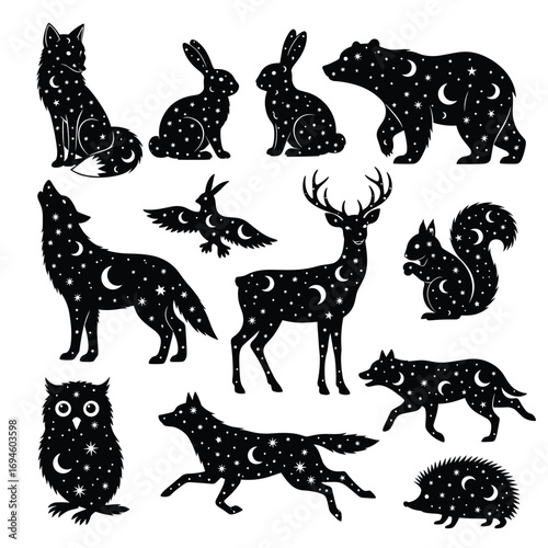 Enchanting celestial forest animals silhouette art featuring moon and stars motifs for whimsical decor