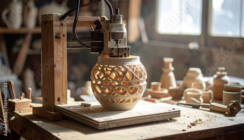 Fusing traditional artisanship with modern innovation, a CNC machine meticulously carves an intricate wooden vase in a workshop