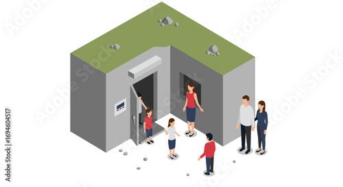 Isometric underground bunker with family entering for safety preparedness and shelter