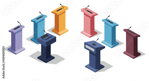 Colorful isometric podiums with microphones in various shades