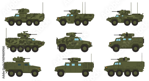 Military armored vehicles set in flat design
