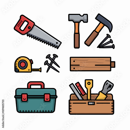 Illustration of carpentry tools including a saw hammers nails measuring tape wood and toolboxes perfect for diy projects home improvement or construction themed designs