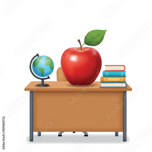 Crisp Red Apple on Teacher's Desk Vector Illustration - Educational Cartoon Flat 2D Graphic with Globe & Textbooks for Classroom, Appreciation, and Learning Concepts